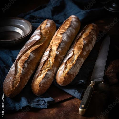 Desde arriba, foto de pan baguette francés o barras de pan rústico.IA generada.