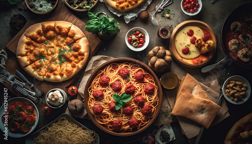 Mesa completa de comidas italianas en platos Pizza, ravioli, carpaccio. ensalada caprese y bruschetta de tomate sobre fondo negro. Vista superior.IA generada.