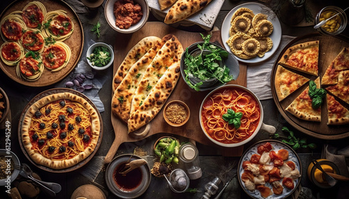 Mesa completa de comidas italianas en platos Pizza, ravioli, carpaccio. ensalada caprese y bruschetta de tomate sobre fondo negro. Vista superior.IA generada. photo