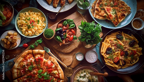 Stampa su tela Mesa completa de comidas italianas en platos Pizza, ravioli, carpaccio