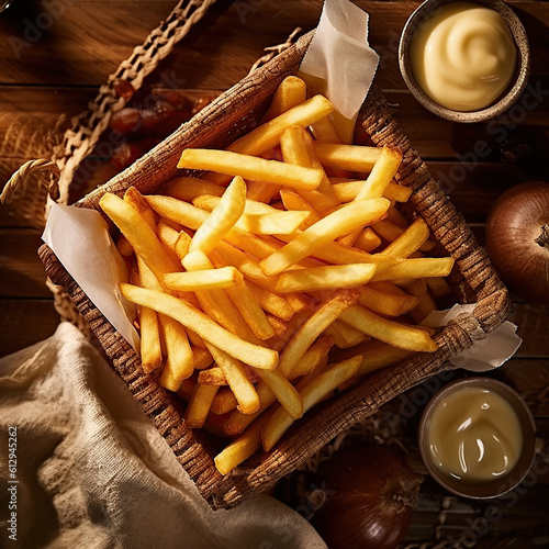 Sabrosas patatas fritas en cesta. Estilo elegante , encanto rústico, iluminación suave y soñadora, tonos cálidos y terrosos, emplatado  artístico. IA generada. photo