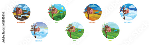 Different Season Months with Nature Landscape Vector Set