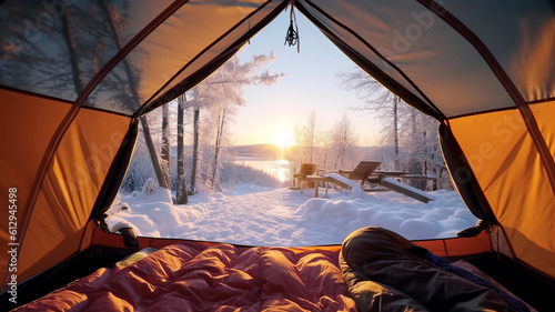 Beautiful winter landscape view from inside the door of the camping tent on sunrise in the morning.