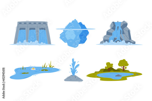 Dam, Waterfall, Iceberg, Pond and Spring with Flowing Water Vector Illustration Set