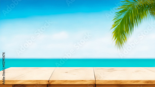 Top of wood table with seascape and palm tree, blur bokeh light of calm sea and sky at tropical beach background. Empty ready for your product display montage. summer vacation, generative ai © Karol