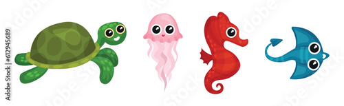 Cute Turtle, Jellyfish, Seahorse and Ray Fish as Sea Animal Floating Underwater Vector Set