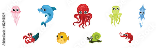 Cute Jellyfish, Octopus, Dolphin and Squid as Sea Animal Floating Underwater Vector Set