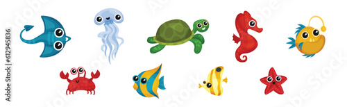 Cute Ray, Jellyfish, Turtle, Seahorse, Crab and Starfish as Sea Animal Floating Underwater Vector Set