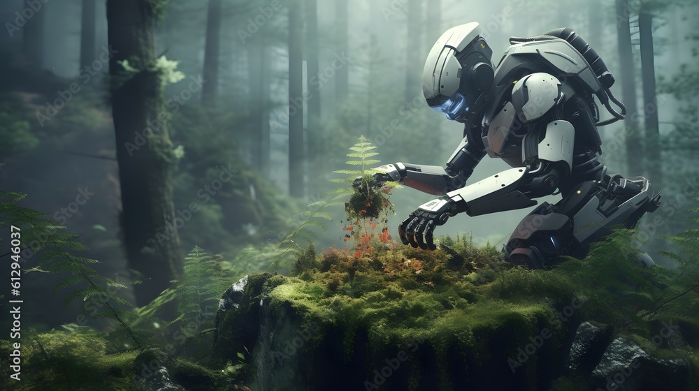 Robot work on a farm caring for plants. new technologies.
Robot work on a farm caring for plants. new technologies.