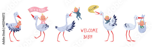 Funny Stork Animal Carrying Little Baby Vector Set