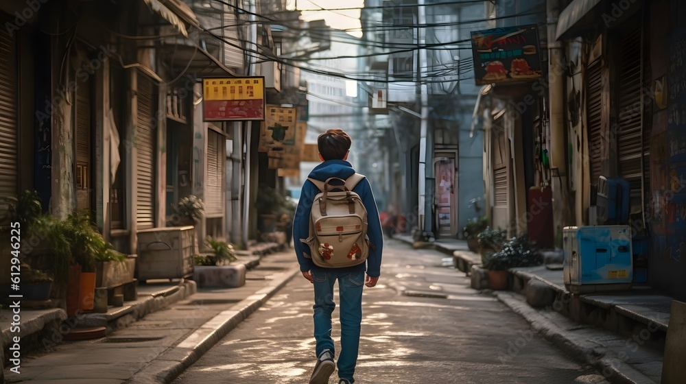 Back to school. A Kid from an elementary school with a backpack on the street.