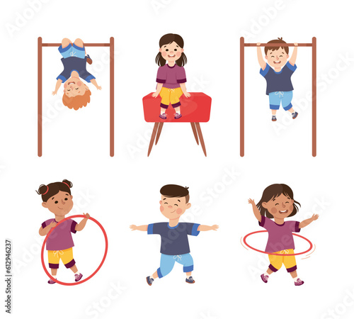 Children Engaged in Physical Education Doing Various Sports During Class at School Vector Illustration Set