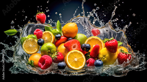 Stop Motion Vibrant and Refreshing: A Captivating Image of Colorful Fresh Fruits Splashing in Crystal Clear Water, Evoking a Sense of Joy and Hydration
