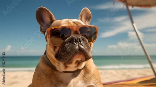 Dog wearing Sunglases at the beach. AI Generated. © Tremens Productions