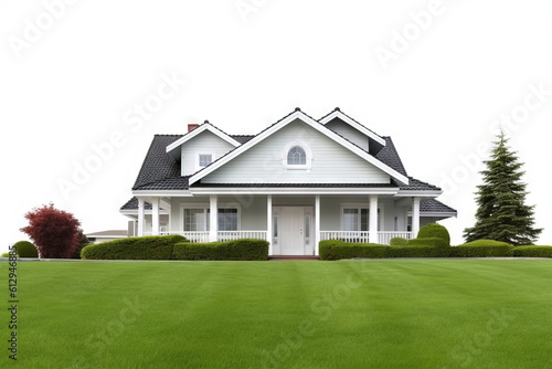 front view of a modern house with a big front lawn