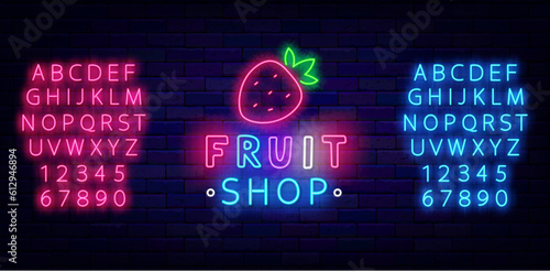 Fruit shop neon signboard. Strawberry icon. Eco farm design. Vegetarian grocery. Vector stock illustration