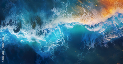 Overhead aerial photograph of waves crashing on the shoreline at sunset. Island tropical beach.