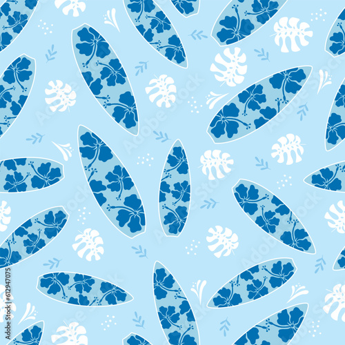 Seamless surfboards with tropical flowers and leaves. Bright prints for summer clothes.
