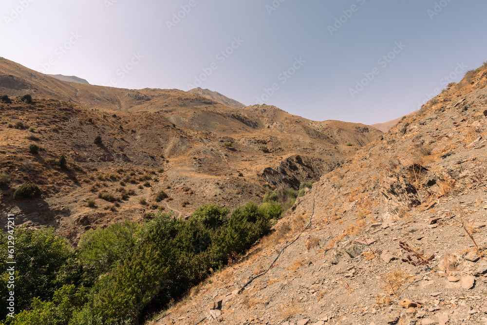 dry yellow mountains with a small green patch in the canyon, summer, hot dry weather no vegetation, middle Asia