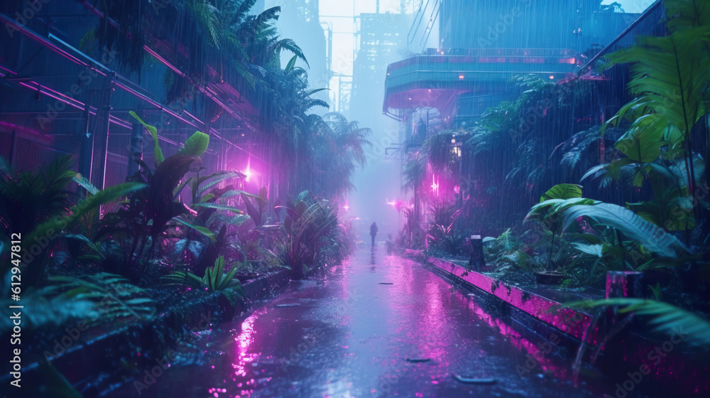 Night city lights. Neon urban future. Rainy and foggy Futuristic city in a cyberpunk style. Photorealistic Generative AI illustration. Futuristic buildings with neon lights.