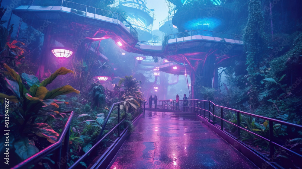 Night city lights. Neon urban future. Rainy and foggy Futuristic city in a cyberpunk style. Photorealistic Generative AI illustration. Futuristic buildings with neon lights. Night city lights. Neon urban future. Rainy and foggy Futuristic city in a cyberpunk style. Photorealistic Generative AI illustration. Futuristic buildings with neon lights.