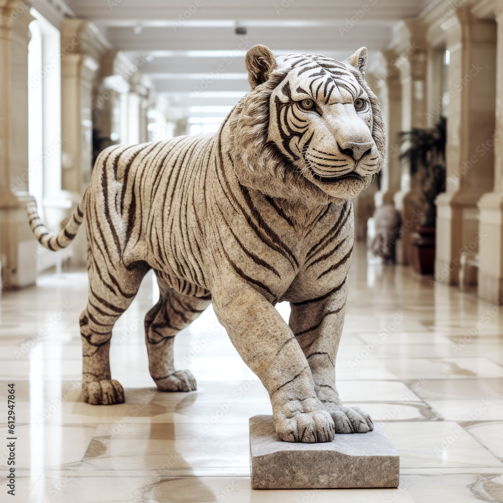 Obraz premium A sculpture of a detailed tiger crafted from granite stands proudly in the sunlight. - generative ai\n