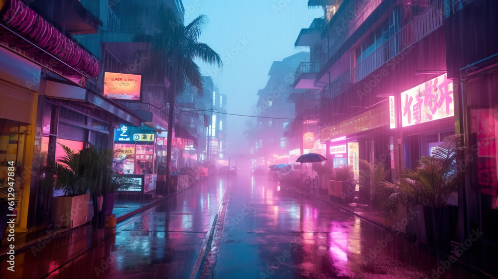 Night city lights. Neon urban future. Rainy and foggy Futuristic city in a cyberpunk style. Photorealistic Generative AI illustration. Futuristic buildings with neon lights. Night city lights. Neon urban future. Rainy and foggy Futuristic city in a cyberpunk style. Photorealistic Generative AI illustration. Futuristic buildings with neon lights.