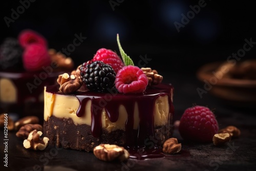 Beautifully decorated chocolate dessert with delicious raspberry, blackberry and walnut on the top. Sweet dessert for a surprise on the dark background. Birthday, Mother's Day, Valentine's Day.