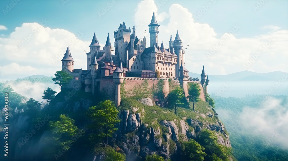 Fototapeta premium Fantasy european style medieval castle in the mountains, scenic view, ai generated