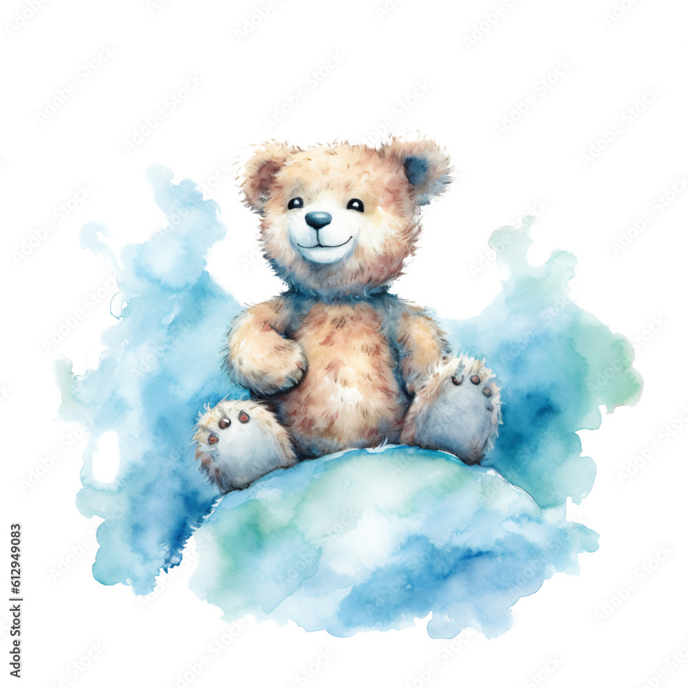 happy teddy bear sitting on a cloud in watercolor design isolated on transparent background happy teddy bear sitting on a cloud in watercolor design isolated on transparent background