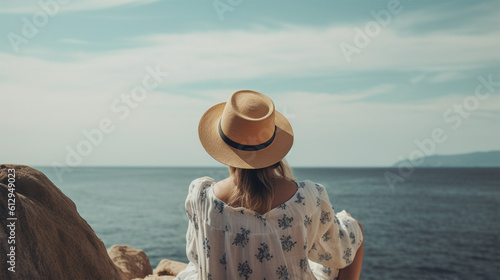 Woman in Swimwear Back View Admiring Blue Sea during the holiday - Generative Ai