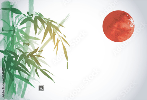 Fototapeta Naklejka Na Ścianę i Meble -  Ink wash painting with green bamboo tree and big red sun on white background. Traditional oriental ink painting sumi-e, u-sin, go-hua. Translation of hieroglyph - eternity