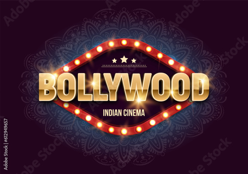 Bollywood indian cinema. Movie banner or poster with retro billboard and ornament. Vector illustration.