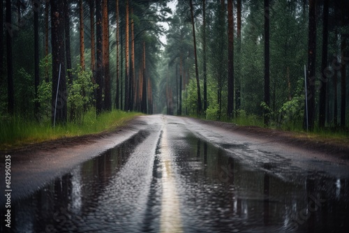 Road in the pine forest with puddles of water on the asphalt. Generative AI.