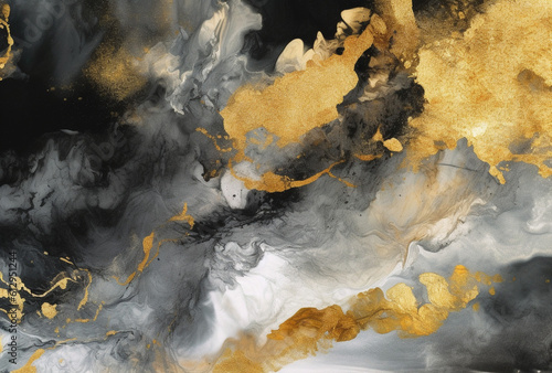 Gilded Harmony: A Captivating Gold, Gray, and White Abstract Swirling Painting ,Generative AI © Adolfo Perez Design