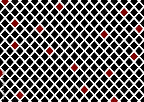 Abstract mosaic grid in black, white and red colours, square shaped mesh background. It can be repeated perfectly. Grid, lattice pattern.