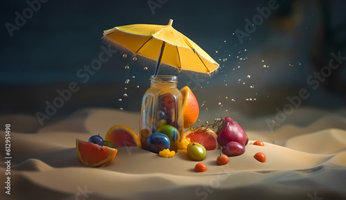 a bottle filled with fruits and a umbrella