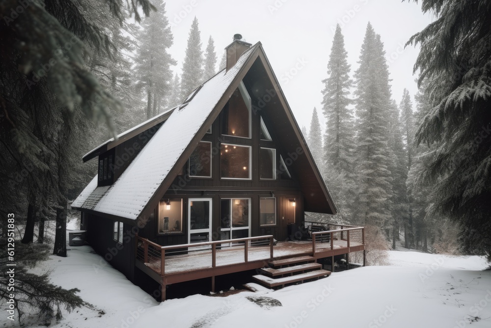 Cabin in the mountains with snow