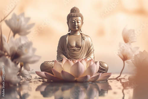 A serene and peaceful image of a Buddha statue in a cross-legged meditation pose, Generated with AI