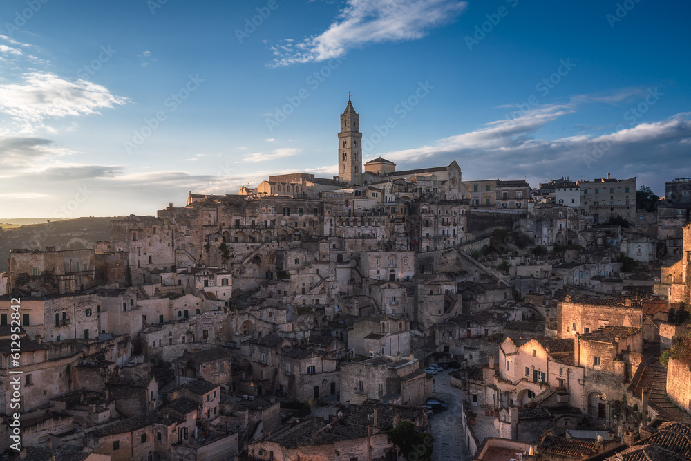 Matera city skyline, the ancient town of Matera at sunrise or sunset, Matera, Italy