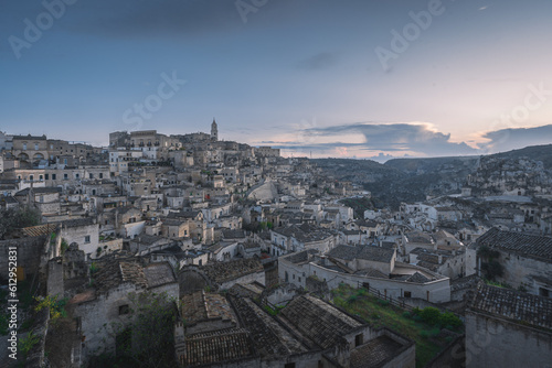 Matera city skyline, the ancient town of Matera at sunrise or sunset, Matera, Italy