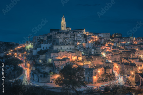 Matera city skyline, the ancient town of Matera at sunrise or sunset, Matera, Italy