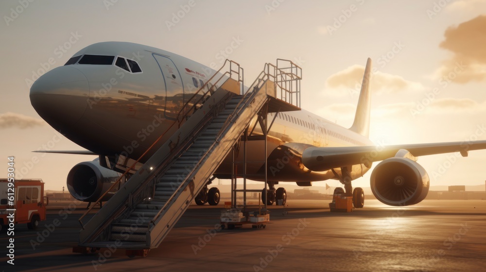 White passenger plane with stairs on the airport platform. Generative AI