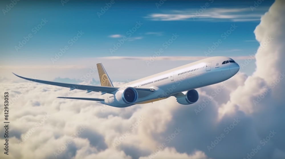 Fototapeta premium Airbus 777 flying in the air, beautiful sky, aircraft passing through the clouds, super realistic, 8K, AI generative