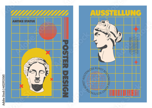 Poster with antique statues in a trendy style. Poster template with geometric shapes. Text in German