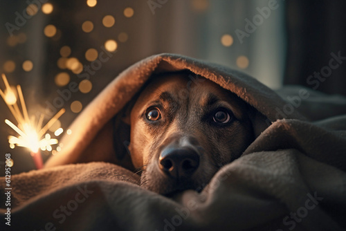 Scared dog hiding under blanket. Generative AI illustration