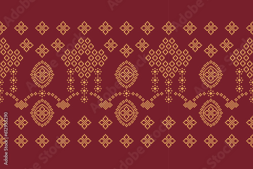 Ethnic geometric fabric pattern Cross Stitch.Ikat embroidery Ethnic oriental Pixel pattern red background. Abstract,vector,illustration. Texture,clothing,frame,decoration,motifs,silk wallpaper.