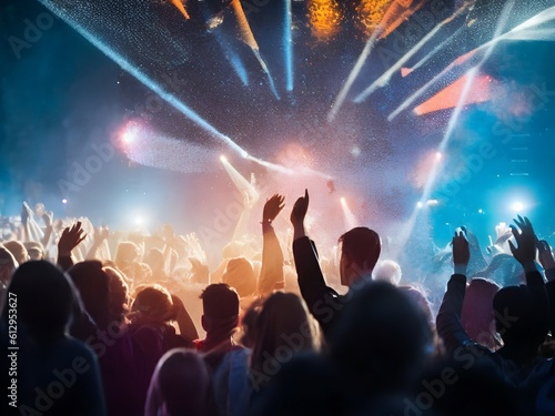 This AI-generated artwork captures the vibrant energy of a live event, concert, or party, where a large crowd of people is gathered, holding hands and smartphones aloft. 