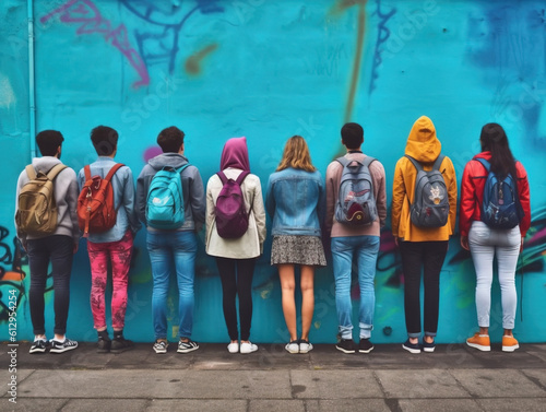 A group of multiracial teenagers standing with their backs in a row against a blue wall background. The concept of difficult teenagers.