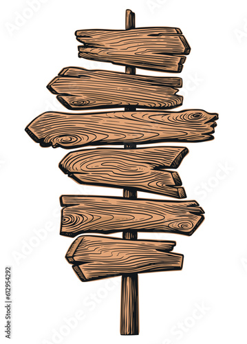 Wooden signpost with arrows pointing in different directions. Blank pointers on road, vector illustration